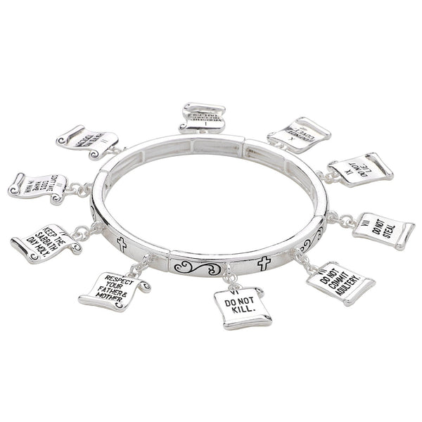10 Commandments Bracelet Stretch Charm Bangle Religious Jewelry Pray Cross SILVER