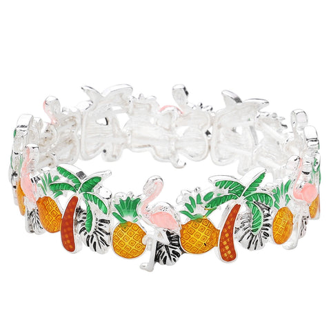 Palm Tree Stretch Bracelet Pineapple Flamingo Tropical Leaf SILVER Enamel