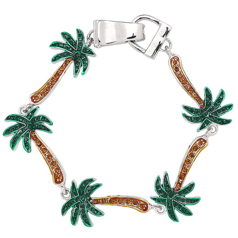 Palm Tree Bracelet Chain Link Magnetic Closure Clasp Rhinestone Leaf