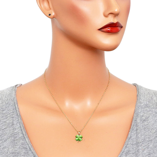 Shamrock Necklace 4 Leaf Clover Pendant GOLD LIGHT GREEN