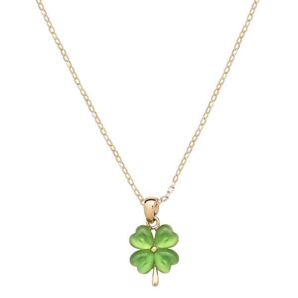 Shamrock Necklace 4 Leaf Clover Pendant GOLD LIGHT GREEN