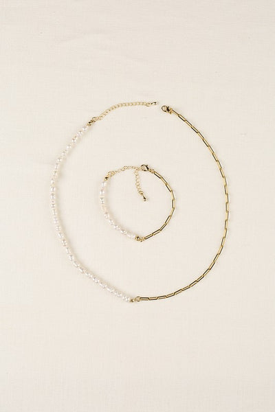 Natural Pearl Chain Bracelet Necklace Set Gold