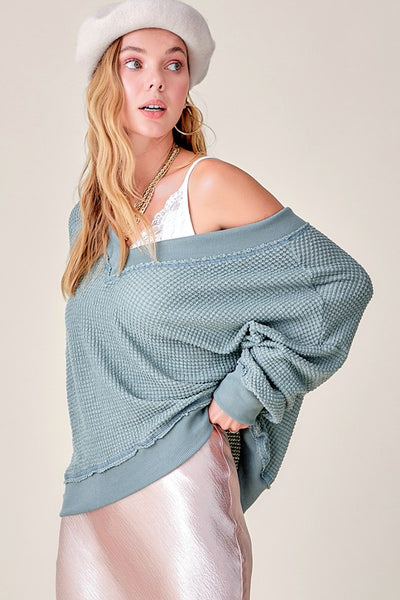La Miel Holly Top Women's Long Sleeve Waffle Knit V Neck Top