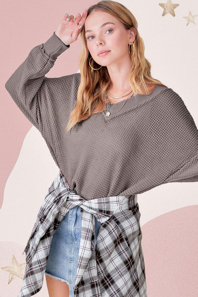 La Miel Holly Top Women's Long Sleeve Waffle Knit V Neck Top