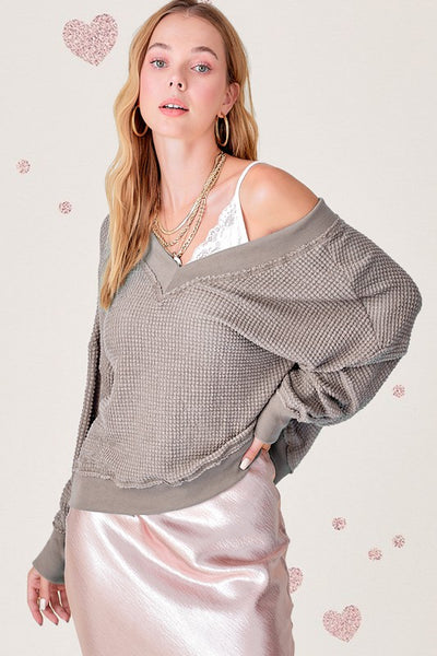 La Miel Holly Top Women's Long Sleeve Waffle Knit V Neck Top
