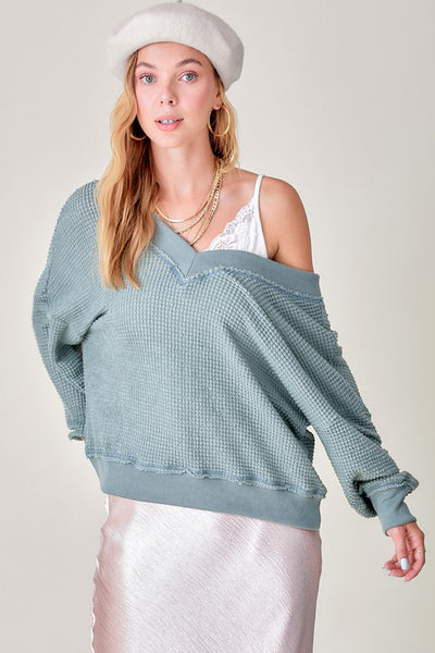 La Miel Holly Top Women's Long Sleeve Waffle Knit V Neck Top
