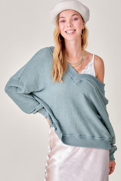 La Miel Holly Top Women's Long Sleeve Waffle Knit V Neck Top