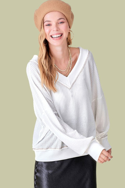 La Miel Holly Top Women's Long Sleeve Waffle Knit V Neck Top