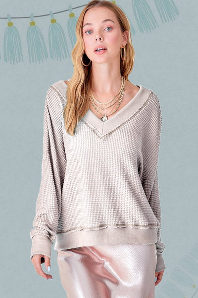 La Miel Holly Top Women's Long Sleeve Waffle Knit V Neck Top
