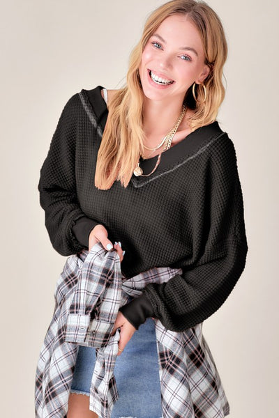 La Miel Holly Top Women's Long Sleeve Waffle Knit V Neck Top