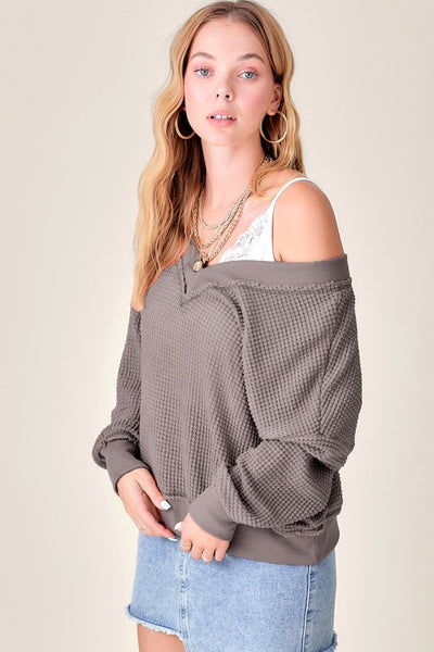 La Miel Holly Top Women's Long Sleeve Waffle Knit V Neck Top