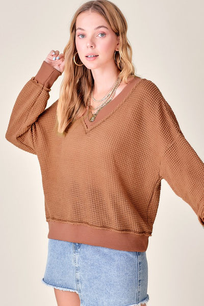 La Miel Holly Top Women's Long Sleeve Waffle Knit V Neck Top