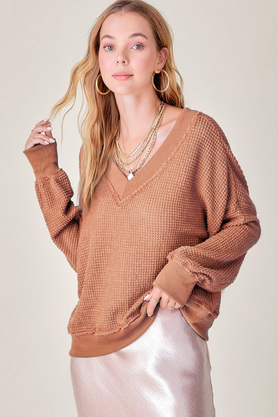 La Miel Holly Top Women's Long Sleeve Waffle Knit V Neck Top