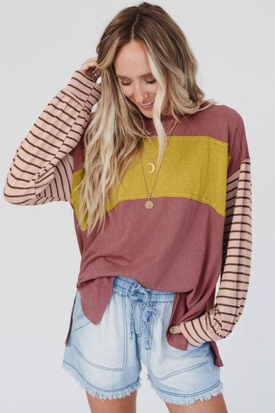 EG Fashion Color block stripe lantern sleeve side slit tunic