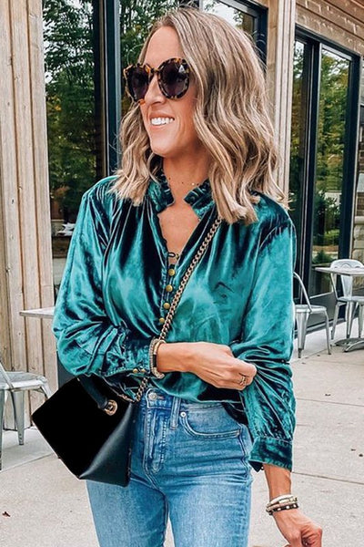 EG Fashion Velvet Button Frilled Neck Blouse Top