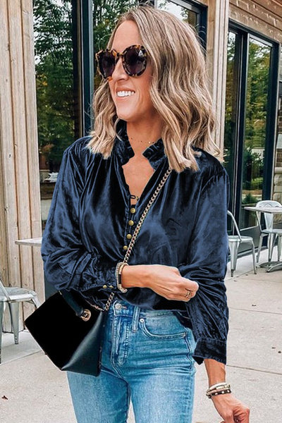 EG Fashion Velvet Button Frilled Neck Blouse Top