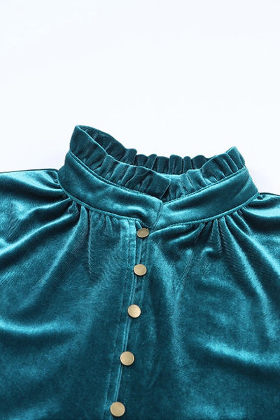EG Fashion Velvet Button Frilled Neck Blouse Top