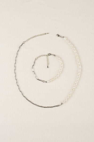 Natural Pearl Chain Bracelet Necklace Set Silver