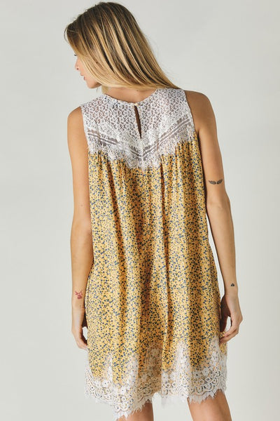 Printed Sleeveless Lace Trim Mini Dress