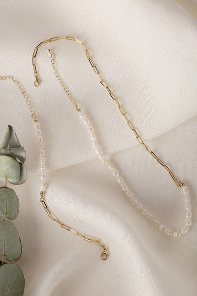 Natural Pearl Chain Bracelet Necklace Set Gold