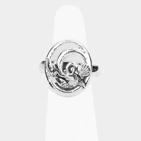 Mermaid Ring Sea Shell Wave Swirl Stretch Band SILVER