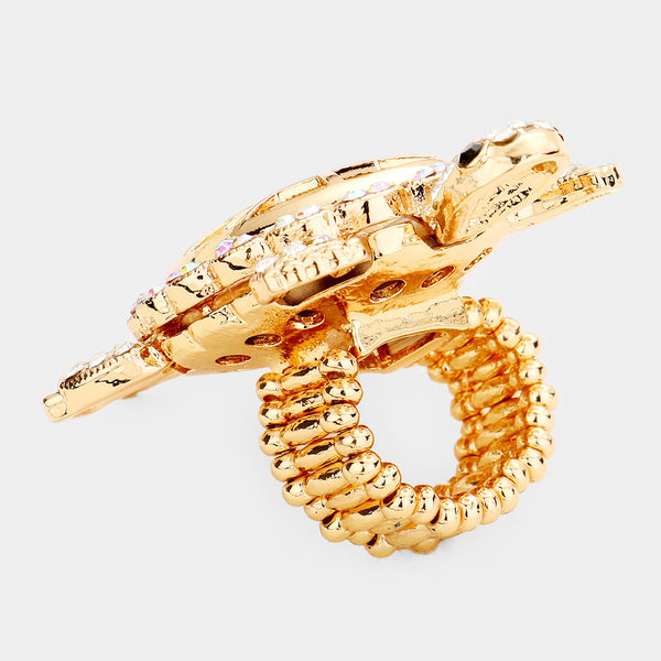 Cocktail Ring Turtle Rhinestone Pave Crystals Wide Stretch Evening Sea Life GOLD PINK GREEN