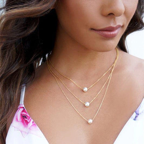 GOLD Metal Chain Necklace Triple Pearl Thin Layered Chains