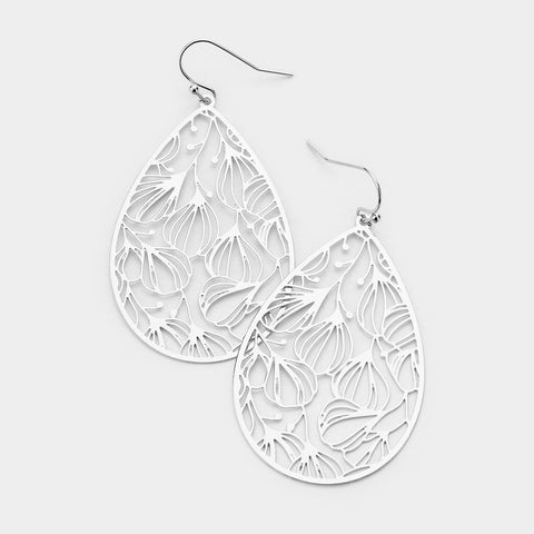 Filigree Earrings Teardrop Ginkgo Cutout Brass Metal SILVER GOLD