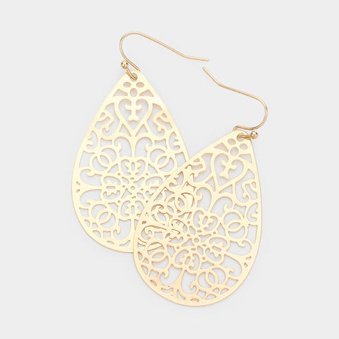 Filigree Earrings Teardrop Floral Cut Out 2 COLORS SILVER GOLD