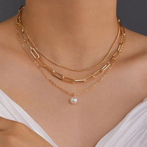 GOLD Metal Chain Necklace Thin Layered Chains Oval Chain Link Pearl