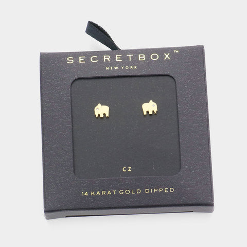Elephant Earrings Tiny Secret Gift Box 14K GOLD DIPPED Animal Post Stud Design