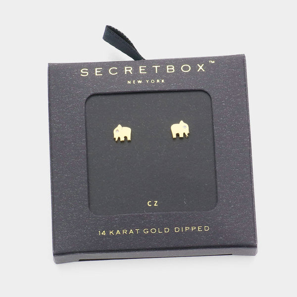 Elephant Earrings Tiny Secret Gift Box 14K GOLD DIPPED Animal Post Stud Design