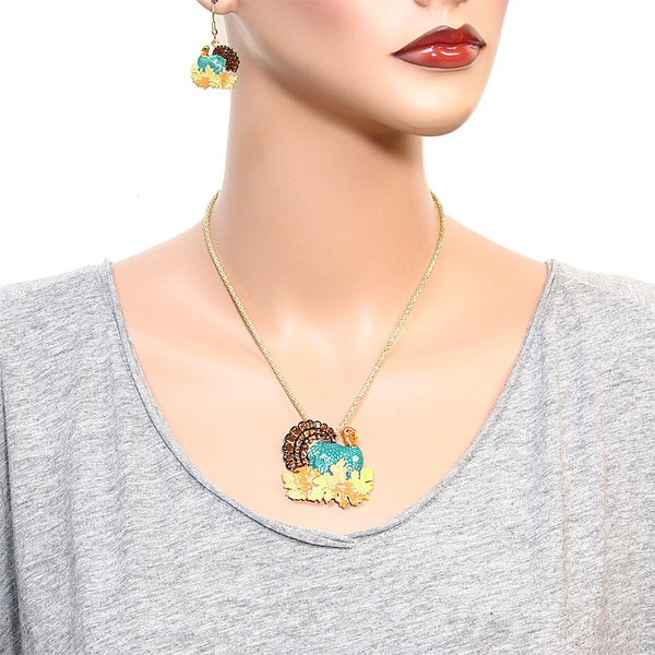 Turkey Necklace Earrings SET Thanksgiving Fall Holiday Jewelry GOLD - PalmTreeSky