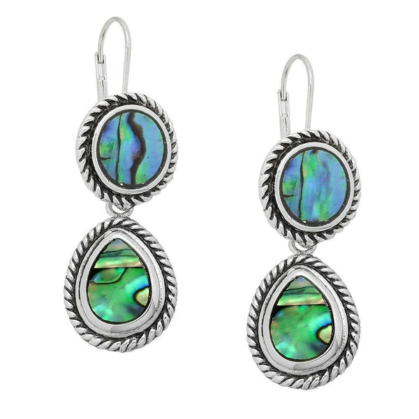 Abalone Shell Earrings Teardrop Circle Metal SILVER Drop Leverback Sea Style31 - PalmTreeSky