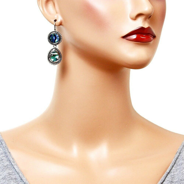 Abalone Shell Earrings Teardrop Circle Metal SILVER Drop Leverback Sea Style31 - PalmTreeSky