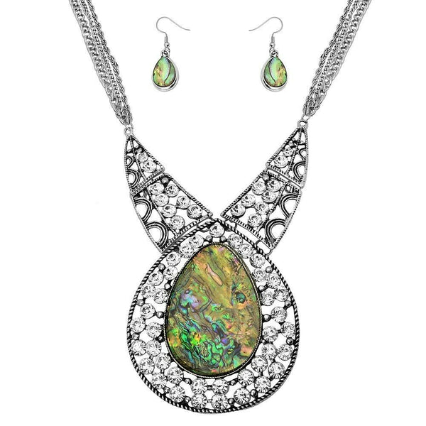 Abalone Shell Necklace SET Large Teardrop Statement Rhinestone Cluster SILVER - PalmTreeSky