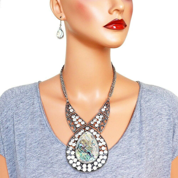 Abalone Shell Necklace SET Large Teardrop Statement Rhinestone Cluster SILVER - PalmTreeSky