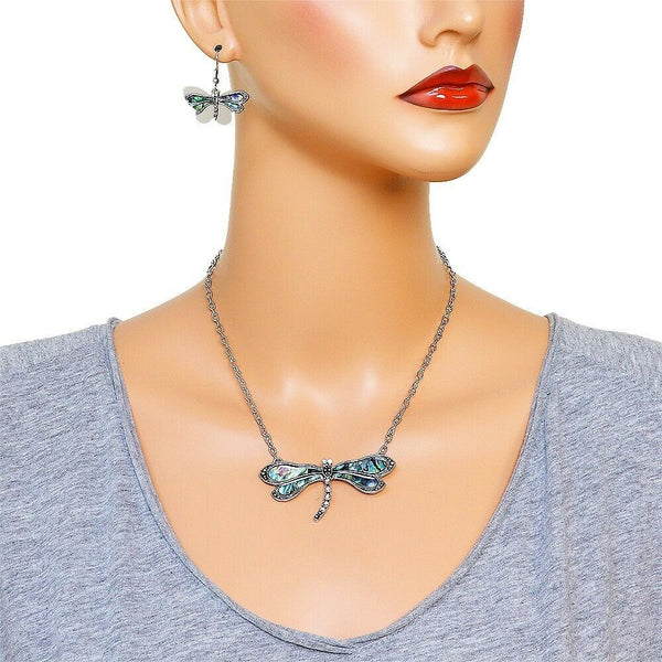 Abalone Shell Necklace SET Metal Dragonfly Pendant Charm Beach Marcasite SILVER - PalmTreeSky