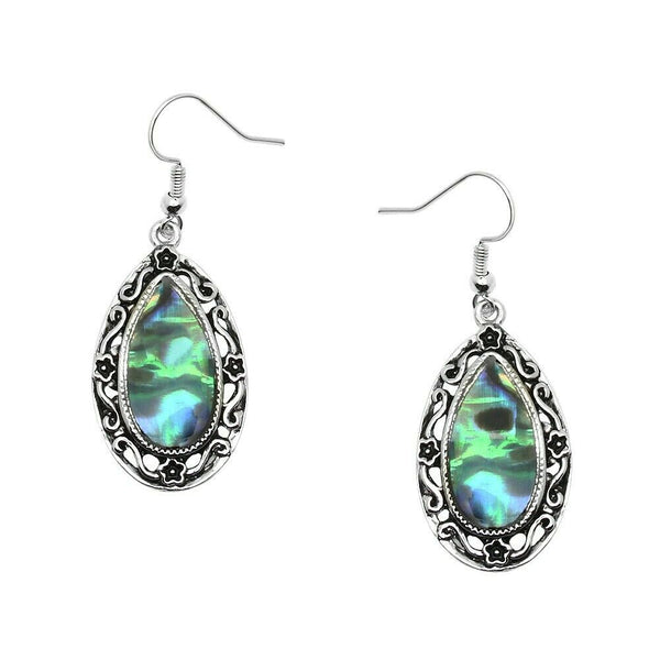 Abalone Shell Earrings Oval Drop Dangle Filigree Metal Cutout Sea SILVER Sand - PalmTreeSky