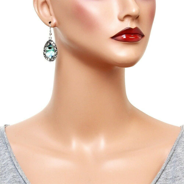 Abalone Shell Earrings Oval Drop Dangle Filigree Metal Cutout Sea SILVER Sand - PalmTreeSky