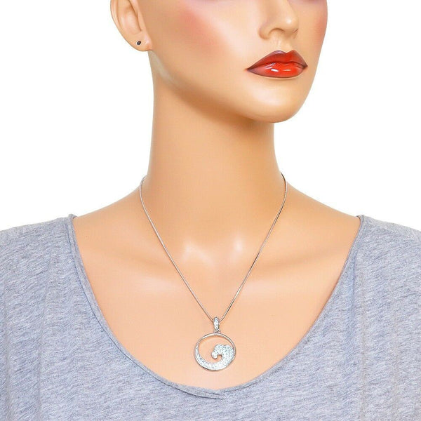 Wave Necklace Circle Curl Tube Pave Rhinestone SILVER TURQ Ocean Beach Surf Sun - PalmTreeSky
