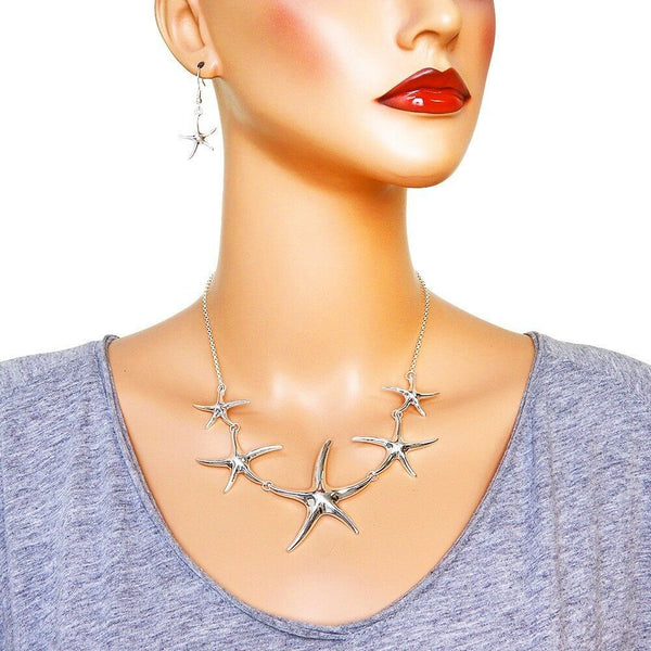 Starfish Necklace SET 5 Link Starfish Collar Beach Sea Life Surf Jewelry SILVER - PalmTreeSky