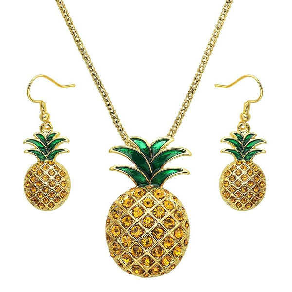 Pineapple Necklace SET Earrings Crystal Rhinestones Fruit Welcome Pendant GOLD - PalmTreeSky
