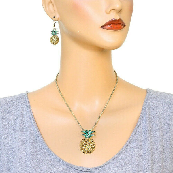 Pineapple Necklace SET Earrings Crystal Rhinestones Fruit Welcome Pendant GOLD - PalmTreeSky