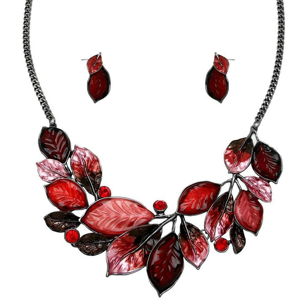 Leaf Necklace Set Chunky Pendant Statement Floral Ivy Rhinestone Painted RED - PalmTreeSky