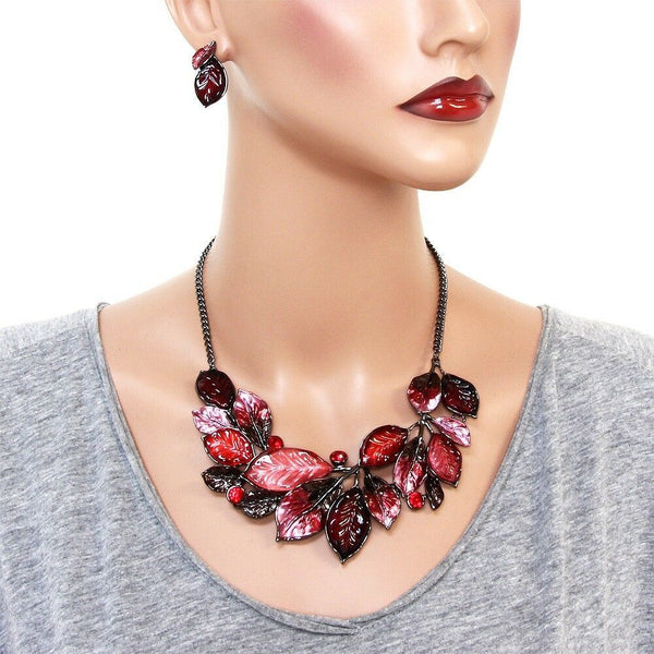 Leaf Necklace Set Chunky Pendant Statement Floral Ivy Rhinestone Painted RED - PalmTreeSky