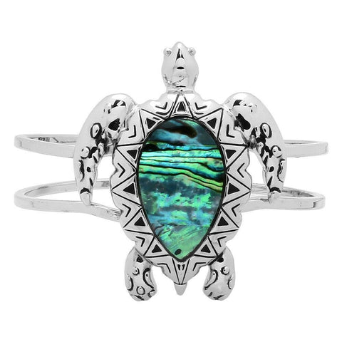 Turtle Bracelet Hinge Bangle Double Bar Filigree Metal SILVER Abalone Shell Sea - PalmTreeSky