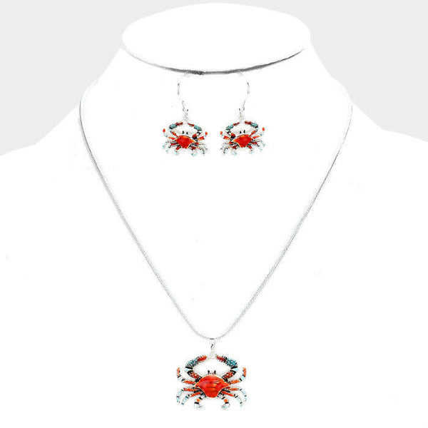 Crab Necklace Earrings Set 1.5" Pendant Beach Starfish Nautical Sea Life SILVER - PalmTreeSky