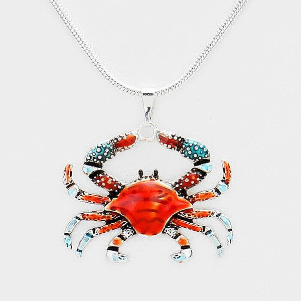 Crab Necklace Earrings Set 1.5" Pendant Beach Starfish Nautical Sea Life SILVER - PalmTreeSky