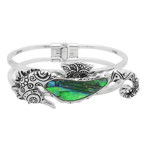 Sea Horse Bracelet Double Metal Bar Hinge Bangle SILVER Abalone Shell Jewelry - PalmTreeSky